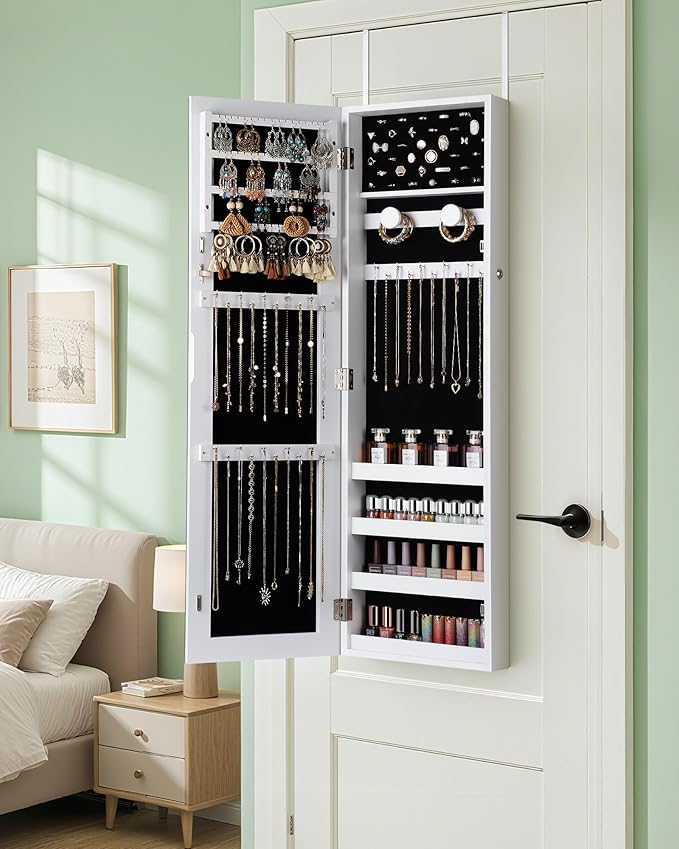 Nicetree Mirror Jewelry Cabinet, Jewelry Armoire with Full Length Mirror,Mirror with Jewelry Storage Wall/Door Mounted, Lockable Jewelry Armoire Organizer,White