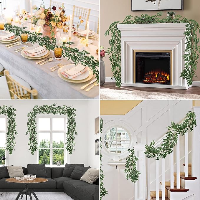 RECUTMS Artificial Willow Leaves Vine Twigs 2Pcs 5.7Ft Fake Hanging Ivy Plants Silk Green Leaf Rattan Garland Greenery Decor for Indoor Outdoor Home Wedding Arch Jungle Beach Birthday Party Garden