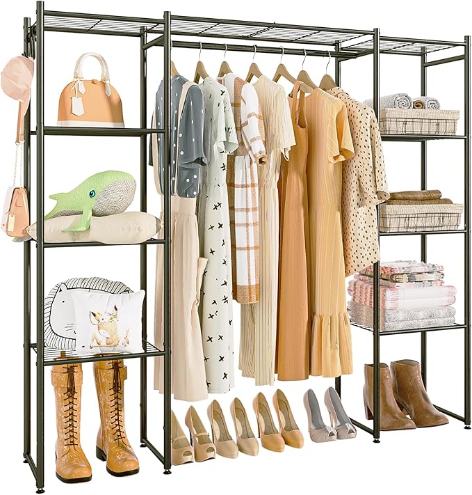 Neprock Portable Closet Wardrobe, Metal Clothing Rack with 8 Shelves & 1 Hang Rod, Free Standing Closet Rack for Hanging Clothes Closet Organizers and Storage, 63"*63"*12", Black