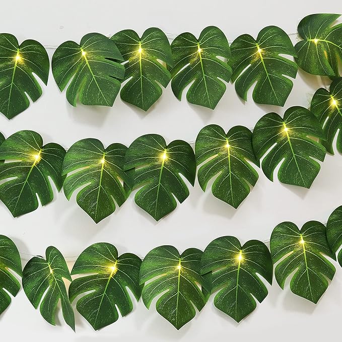 RECUTMS Artificial Tropical Palm Leaves String Lights, Large Size 20 LED Monstera Leaf Wall Hanging Vine Greenery,Outdoor Indoor Hawaiian Luau Jungle Beach Safari Baby Shower Party Spring Summer Decor