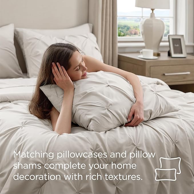 Bedsure Full Comforter Set Linen - Bed in a Bag Full Size Bedding Set 7 Pieces, GentleSoft™ Pintuck Bed Set Gift for Family, Pinch Pleat All Season Comforter with Sheets, Pillowcases & Shams