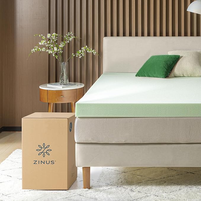 ZINUS 4 Inch Green Tea Memory Foam Mattress Topper, Smaller, More Convenient WonderBox Packaging, Pressure-Relieving Layers, CertiPUR-US Certified, Short Queen