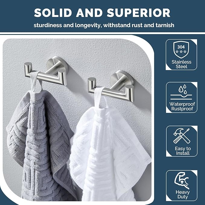 Angle Simple Towel Hook Brushed Nickel 2 PCS, SUS304 Stainless Steel Double Robe Hook, Bathroom Towel Holder, Wall Mount