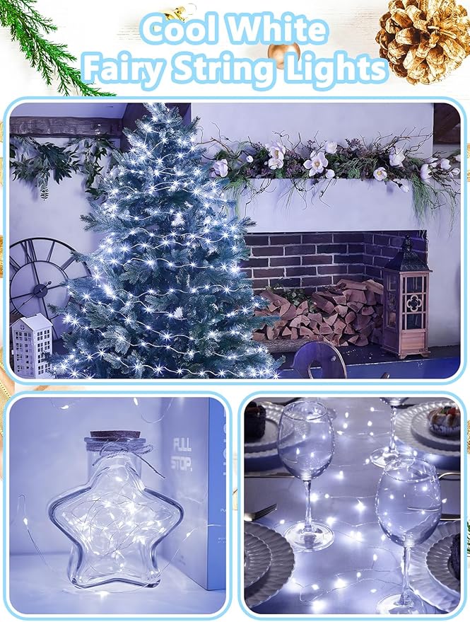 4 Pack 100 LED Fairy Lights Battery Operated with Remote, 33FT Waterproof Twinkle Lights with Timer & 8 Modes, Fairy String Light Outdoor Indoor for Bedroom Classroom DIY Christmas Decor (Cool White)