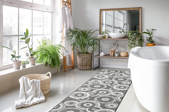 Custom Length Cut to Size Retro Modern Geometric Carpet Runner Rug for Hallways, Non Slip Rubber Backed, 31 inch Wide X Customized Length, Geo Grey, 31 inch X 25 feet