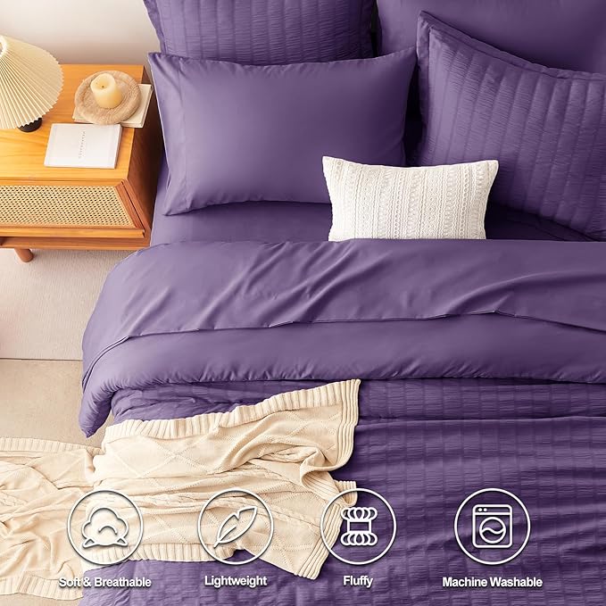 CozyLux Queen Comforter Set Purple Seersucker 7 Pieces Bed in a Bag Queen Comforter Set with Sheets, Luxury Soft Bedding Set with Down Alternative Comforter, Sheets, Pillowcases & Shams for All Season
