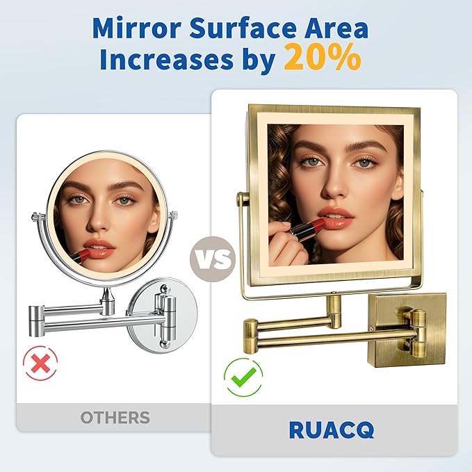 Ruacq Rechargeable Wall Mounted Makeup Mirror with Lights, Double Sided 1X/10X Magnifying Vanity Mirror with 3 Color Lights, Touch Screen Dimmable, 360° Rotation Extension Foldable Arm(Antique Brass)