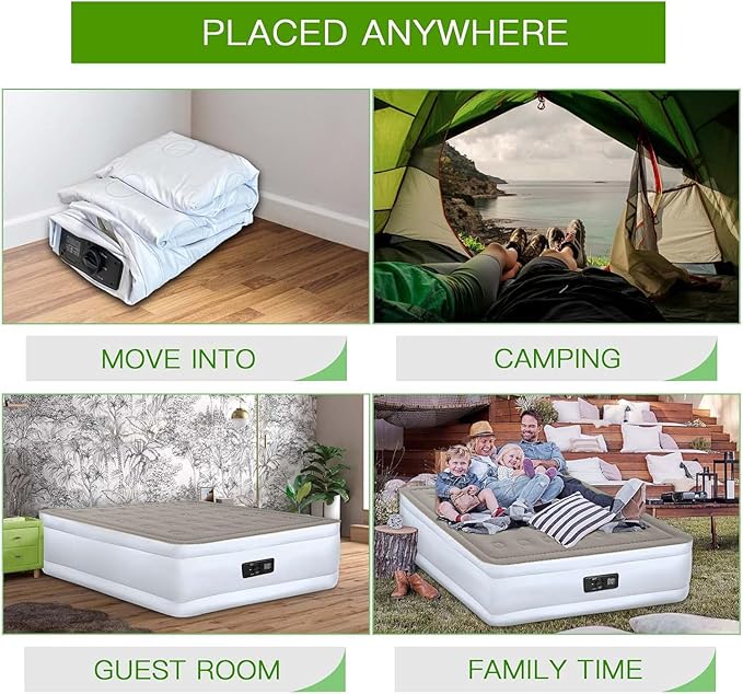 YENING Full Size Air Mattress with Built in Pump Raised Double Blow up Bed Inflatable Camping Airbed Electric 18 Inch Tall Grey