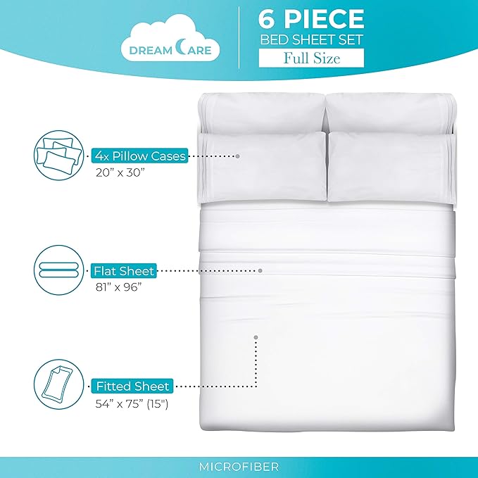 DREAMCARE Sheets Full Size Bed - Cooling Bed Sheets - 6pcs Set - Full Sheet Set - Full Size Sheets - Full Size Sheet Sets Soft & Long Lasting 100% Fine Brushed Polyester with Side Pocket - White