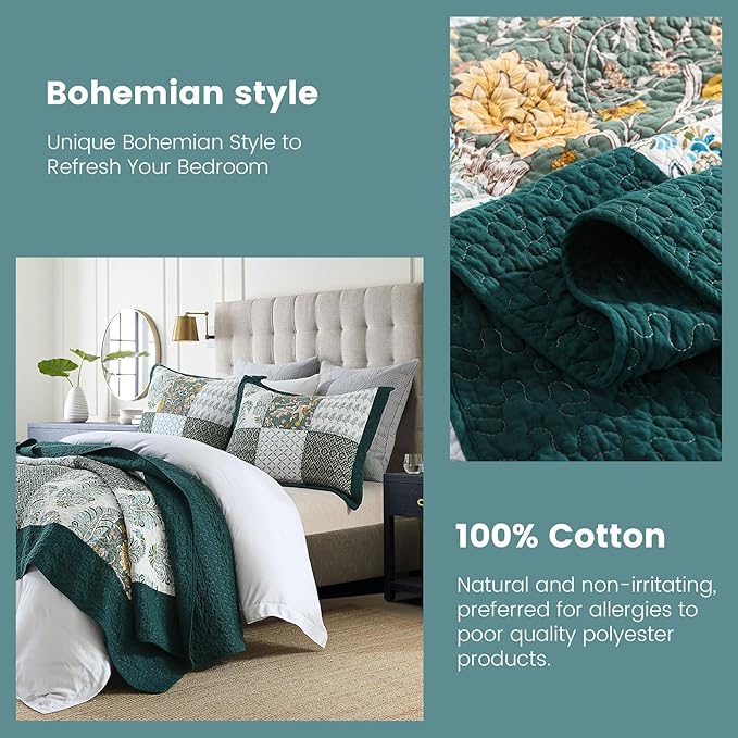 Secgo California King Quilt Size - 100% Cotton Oversized California Comforter Set Bedding Sets (120 * 110 Inch) with 2 Pillow Shams, Patchwork Reversible Lightweight Bedspread