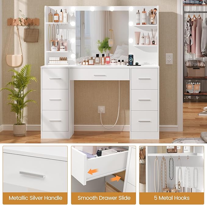 Quimoo Large Vanity Desk with LED Lighted Mirror & Power Outlet,Makeup Vanity Table with 7 Drawers,4 Shelves and 5 Hooks,Vanity Table, Vanity Desk Set for Bedroom,Bathroom,White