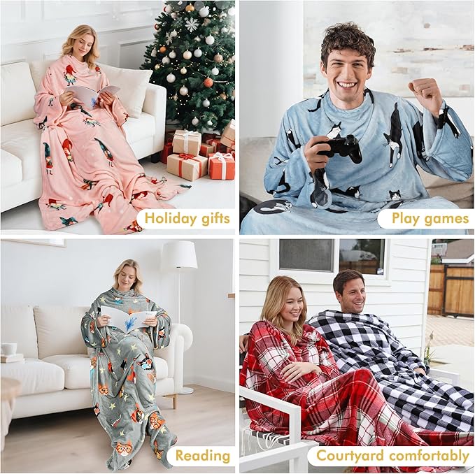 Catalonia Pink Wearable Fleece Blanket with Sleeves and Foot Pockets for Adult Women Men, Micro Plush Comfy Wrap Sleeved Throw Blanket Robe