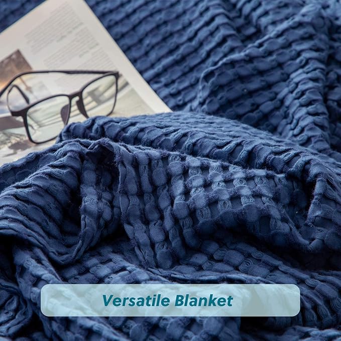Bedsure Cooling Cotton Waffle King Size Blanket - Lightweight Breathable Summer Blanket of Rayon Derived from Bamboo for Hot Sleepers, Luxury Throws for Bed, Couch and Sofa, Navy, 104x90 Inches