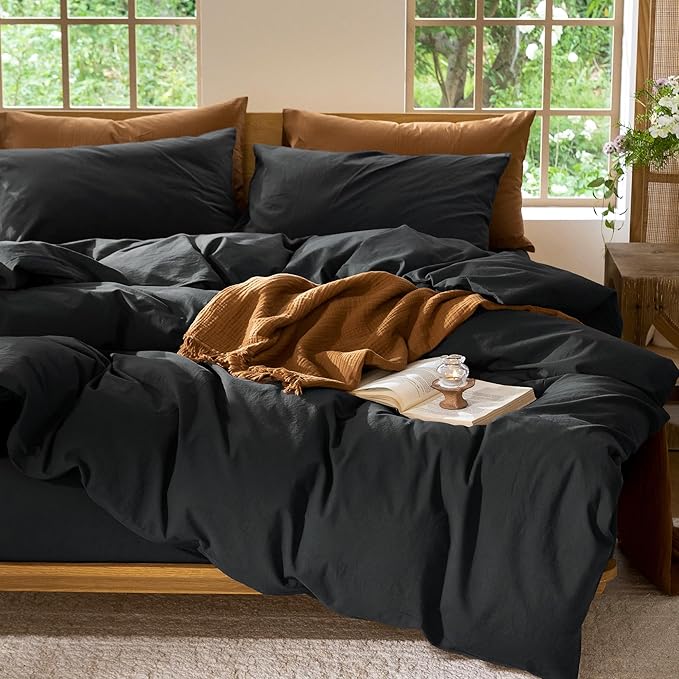 MooMee Bedding Duvet Cover Set 100% Washed Cotton Linen Like Textured Breathable Durable Soft Comfy (Solid Black, Super Queen 90"x98")