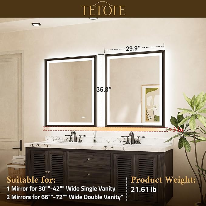 TETOTE LED Bathroom Mirror with Lights Black Metal Framed 30x36 Frontlit & Backlit Vanity Mirror Baroque Gothic Antifog Stepless Dimmable White/Warm/Natural,Wall Mounted(Horizontal/Vertical)