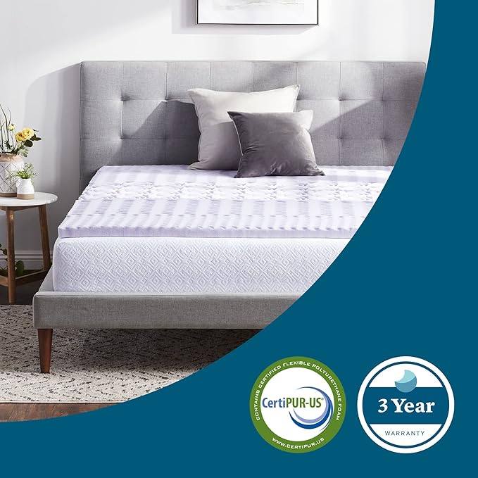 LUCID Lavender Infused 2 Inch Memory Foam Mattress Topper with 5 Zones – Twin Size – Plush Feel – CertiPUR Certified – Dorm Room Essentials