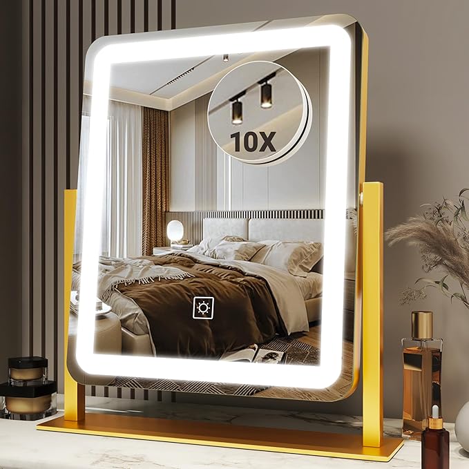 FENNIO Vanity Mirror with Lights - 15"x12.6" LED Lighted Makeup Mirror, Large Makeup Mirror with Lights, Touch Screen with 3-Color Lighting, Dimmable, for Vanity Desk Tabletop, Bedroom Gold