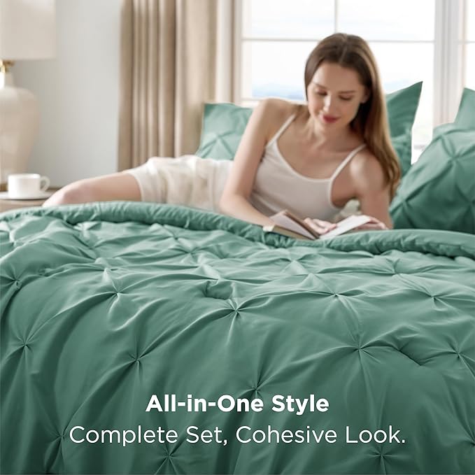 Bedsure King Size Comforter Set Graysih Green - Bed in a Bag Bedding Set 7 Pieces, GentleSoft™ Pintuck Bed Set Gift for Family, Pinch Pleat Graysih Green Comforter with Sheets, Pillowcases & Shams