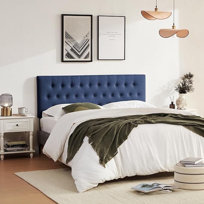 Tufted Upholstered Headboard California King Size, Solid Wood Head Board with Durable Metal Legs, Adjustable Height Bed headboard from 37” to 51” Fabric Headboard in Button Design, Blue