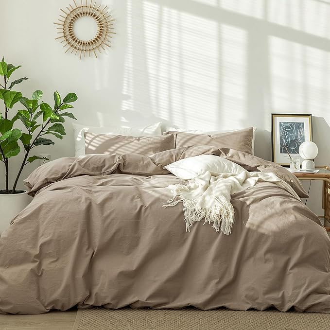 MooMee Bedding Duvet Cover Set 100% Washed Cotton Linen Like Textured Breathable Durable Soft Comfy (Solid Mocha Brown, Super King 108"x98")