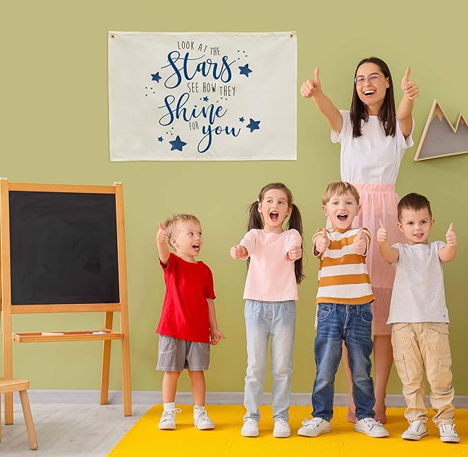 Boho Rectangular Banner Flag Wall Sign Decor Gift for Boy Girl Kids,Nursery Baby Room Above Crib Bedroom Playroom Living Room Wall Decor-Look At the Stars See-Baby Shower Birthday Christmas Gift