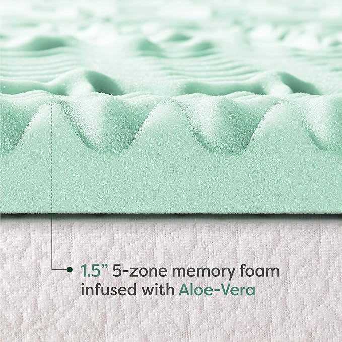 Mellow 1.5 Inch 5-Zone Memory Foam Mattress Topper, Calming Aloe Infusion, Dorm Essentials, Twin XL