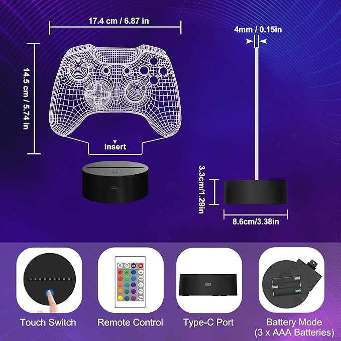 Attivolife Gamepad 3D Illusion Lamp, Controller Night Light with Remote Control + Timer 16 Color Changing Desk Lamp Kids Gamer Room Decor Plug in Best Cool Festival Birthday Gift for Boy Men