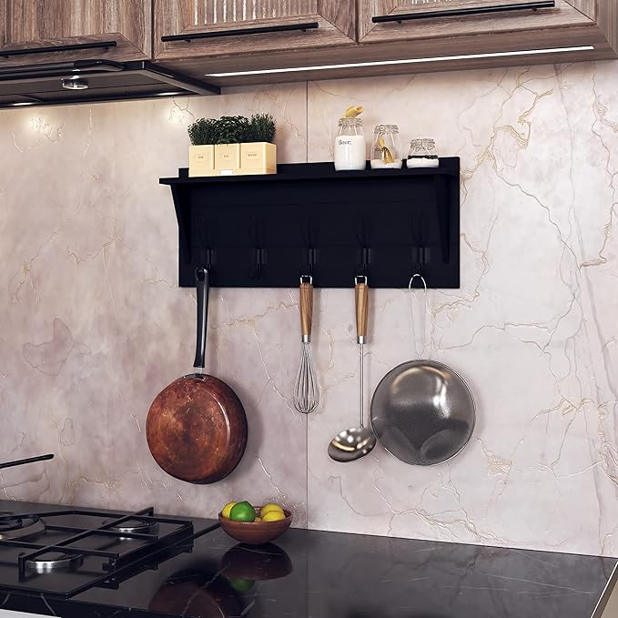 Wall Mounted Coat Rack Shelf, Rustic Wooden Country Style 24" Entryway Shelf with 5 Rustic Hooks Featuring Solid Pine Wood. Perfect Touch for Your Entryway, Mudroom, Kitchen, Bathroom and More, Black