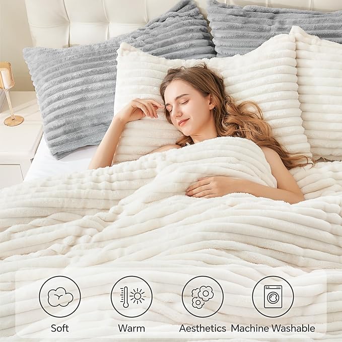 BEDELITE Fleece Full Comforter Set -Super Soft & Warm Fluffy Cream White Bedding, Luxury Fuzzy Heavy Bed Set for Winter with 2 Pillow Cases