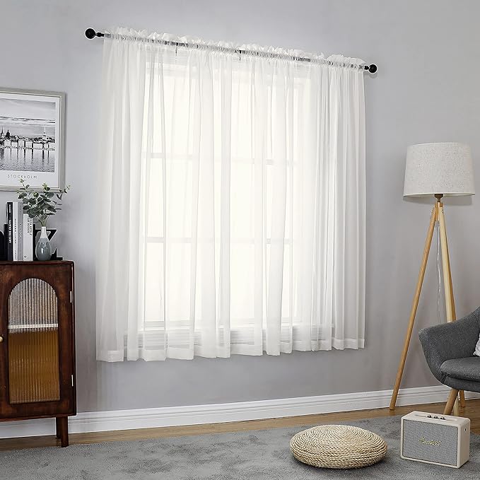 Chyhomenyc Sheer Curtains 63 Inch Length 2 Panels Set, Short Window Curtain Drapes Semi Transparent Voile Rod Pocket Curtains for Dining Bedroom Living Room, Each 42W x 63L inch, Set of 2, Ivory
