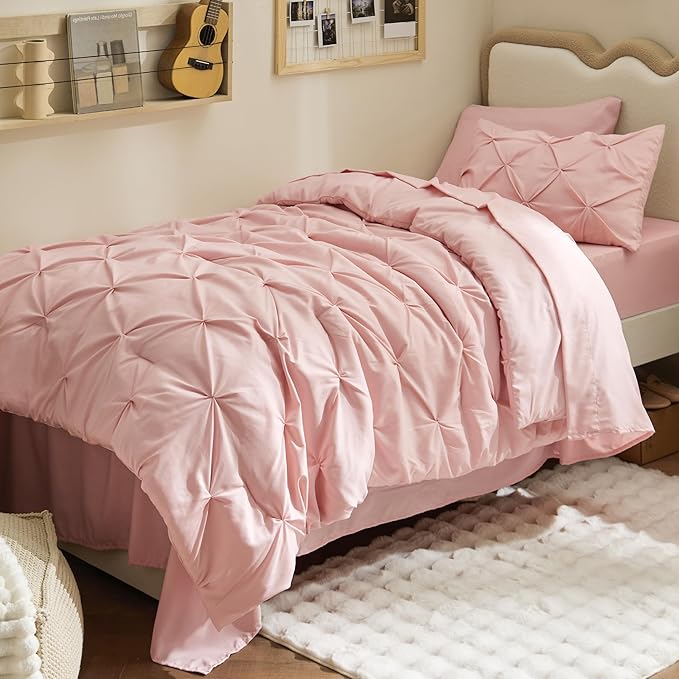 Bedsure Twin XL Comforter Set - Extra Long 5 Pieces Dorm Bedding Sets, Pinch Pleat Pink Bed in a Bag with Comforter, Sheets, Pillowcase & Sham