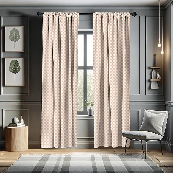 Ambesonne Geometric Curtains, Pale Salmon Colored Chess Table Like Modern Pink Color Squares Art Print, Window Treatments 2 Panel Set for Living Room Bedroom, Pair of - 28" x 95", Peach Cream