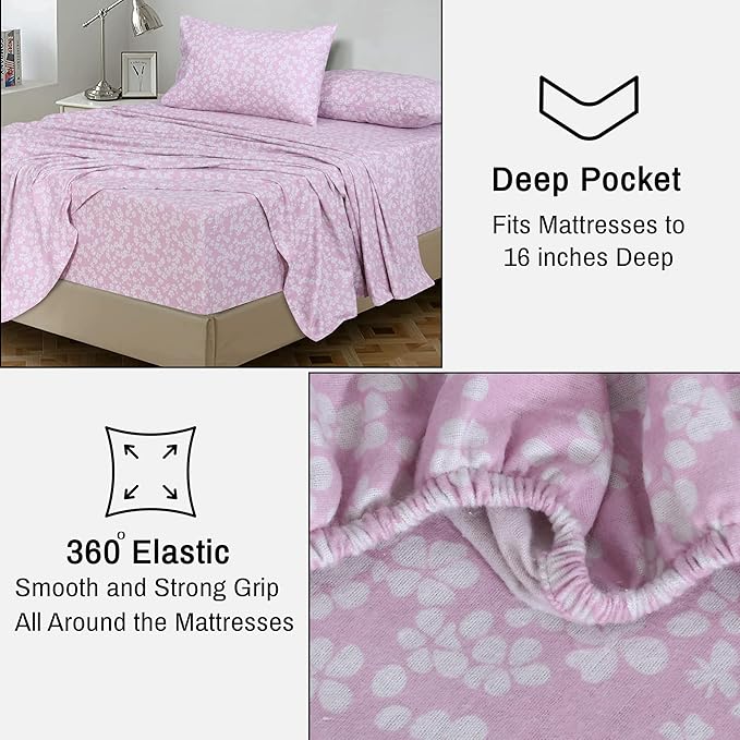 RUVANTI Flannel Sheets Full Size - 100% Cotton Double Brushed Bed Sheets Set, Deep Pockets 16 Inches, All Seasons Breathable & Extra Soft Full Sheets, Warm & Cozy, 4 Piece, Pink Flora
