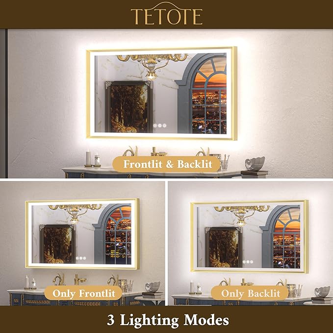 TETOTE 48x40 LED Bathroom Mirror with Lights Gold Metal Framed Front & Back Light Vanity Mirror Baroque Antifog Stepless Dimmable White/Warm/Natural,CRI90+,Waterproof,Wall Mounted(Horizontal/Vertical)