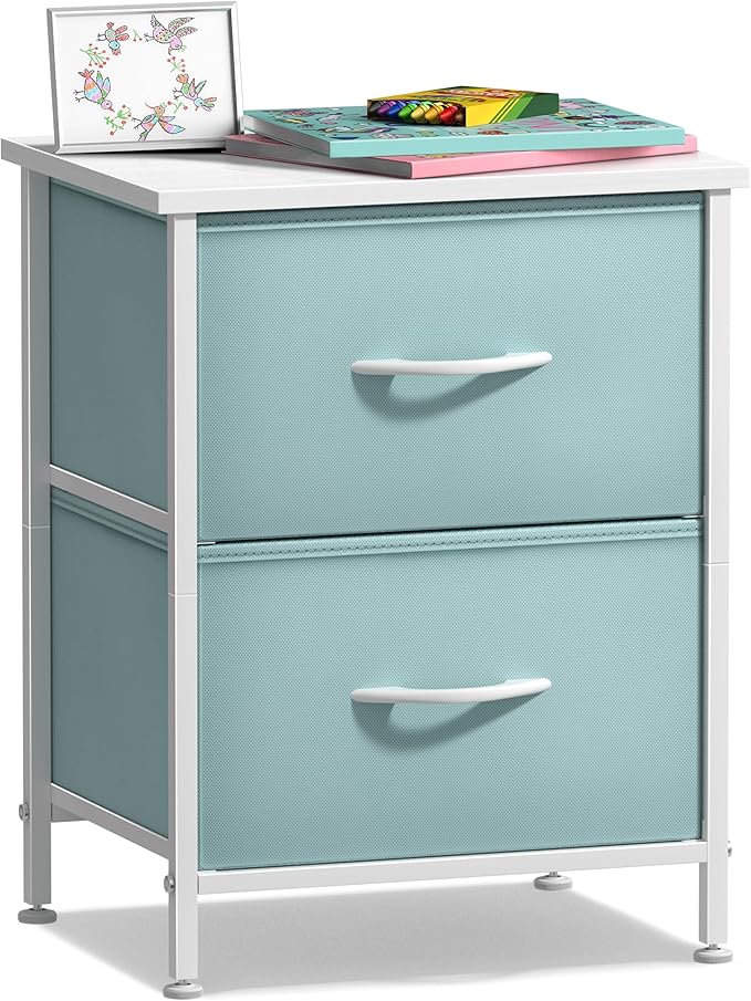 Sorbus Nightstand with 2 Drawers - Kids Bedside Furniture End Table Night Stand - Steel Frame, Wood Top & Easy Pull Fabric Bins - Dresser & Chest for Home, Bedroom Accessories, Office & College Dorm