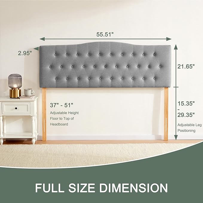 Tufted Upholstered Headboard Full Size, Sturdy and Durable Solid Wood Full XL headboard, Fabric Headboard Adjustable Height from 37” to 51”, Modern Button Diamond Design Head Board, Grey