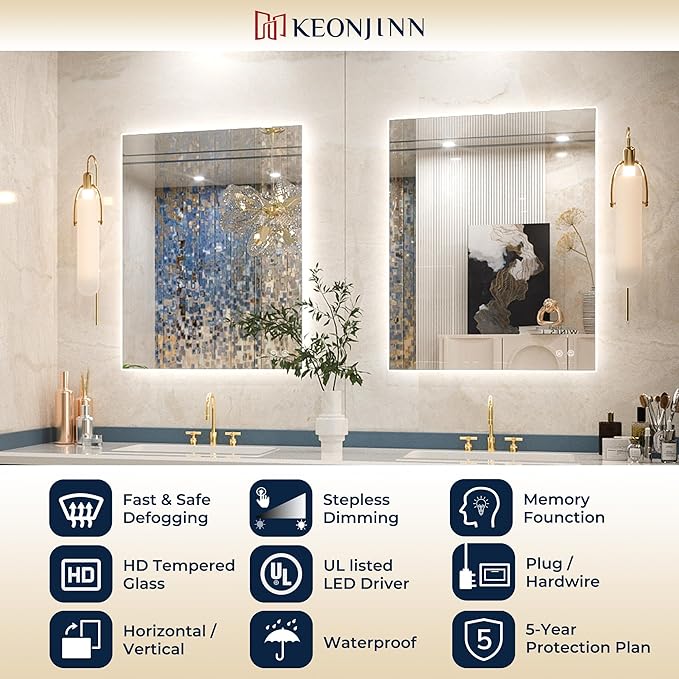 Keonjinn 24 x 36 Inch Backlit Mirror for Bathroom, Anti-Fog Led Mirror, CRI90+ HD Tempered Glass, Stepless Dimmable Lighted Mirror, High Lumen, UL Listed, Waterproof, Horizontal/Vertical