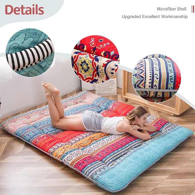 MAXYOYO Bohemian Retro Mattress Vintage Floral Japanese Futon Roll Up Tatami Floor Mat Foldable Bed Portable Camping Mattress Sleeping Pad Floor Lounger Couch Bed Full Size