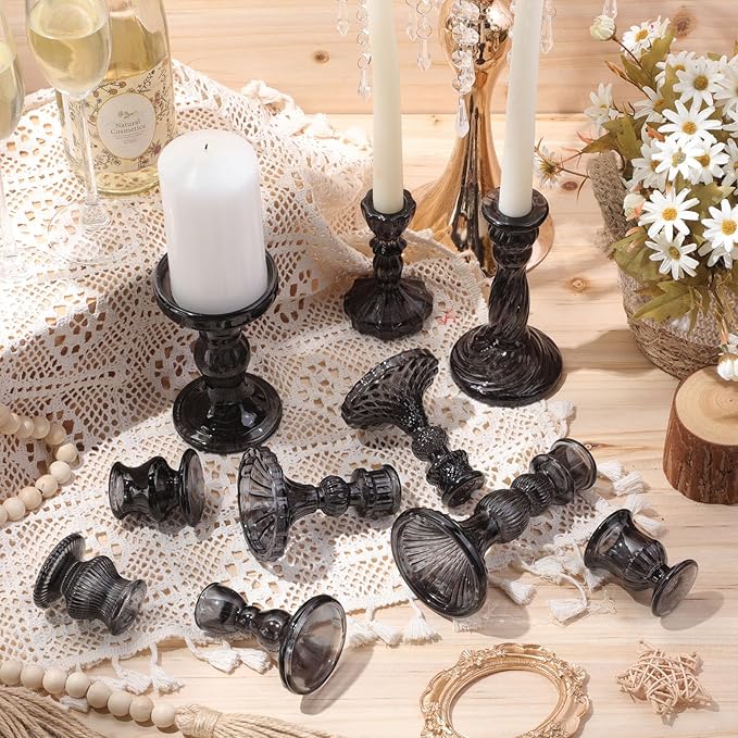 Mumufy 10 Pcs Glass Crystal Taper Candle Holders Clear Glass Candlestick Holder Fit 0.8 Inch Candles Crystal Decorative Candle Stand Centerpiece Table Wedding Dining Party (Classic,Black)