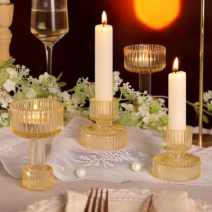 Candlestick Holders Bulk, 6 Pcs Gold Combination Candle Holders Set, Crystal Candle Holders for Wedding, Table Centerpiece, Home Decoration