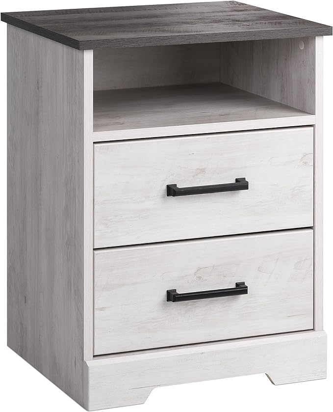 Prepac Rustic Ridge Farmhouse Bedroom Nightstand with 2 Drawers and an Open Cubby, Wooden Bedside Table for Bedroom, Office, or Living Room, 16.25in x 18.75in x 24.5in, Washed White