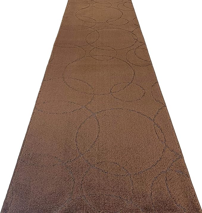 Custom Size Modern Geometric Pattern Carpet Runner Rug for Hallways, Slip Resistant Latex Rubber Backed, 31 inch Wide X Customized Length, Circles Brown, 31 inch X 14 feet