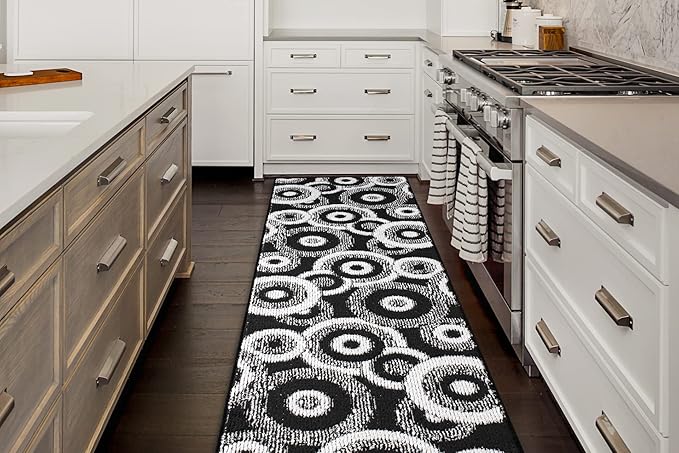 Custom Length Cut to Size Modern Farmhouse Carpet Runner Rug for Hallways, Non Slip Rubber Backed, 31 inch Wide X Customized Length, Geo Black, 31 inch X 25 feet
