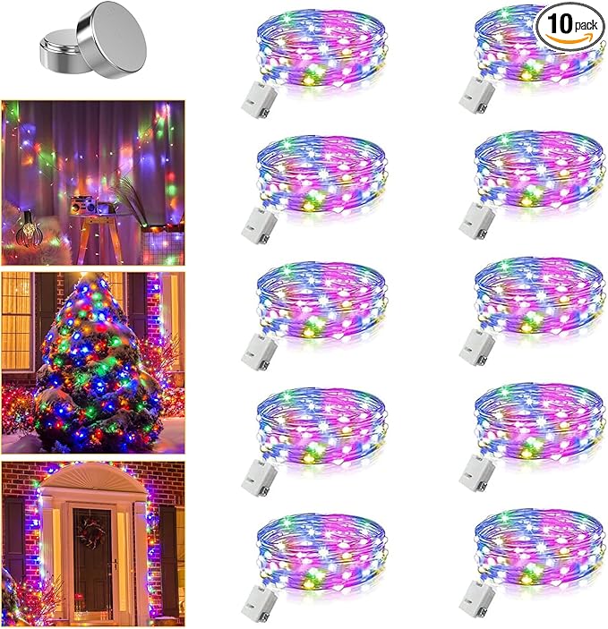 10 Pack Fairy Lights Battery Operated - 3 Speed Modes, 7Ft 20 LED String Twinkle Lights, Waterproof Copper Wire, Mini Firefly Light for Mason Jars Vases Christmas Decor, Multi-Colored