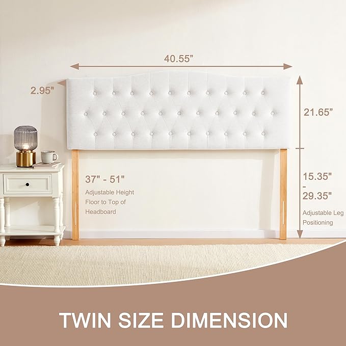 Tufted Upholstered Headboard Twin Size, Sturdy and Durable Solid Wood Twin XL headboard, Fabric Headboard Adjustable Height from 37” to 51”, Modern Button Diamond Design Head Board, White