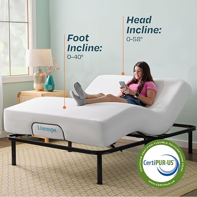 Linenspa Adjustable Bed Frame - Independent Head and Foot Incline - Powerful Quiet Motor - Easy Tool Free Assembly - Lounging - TV - Working - Reading - Ergonomic - Electric Bed Base - Twin XL Size