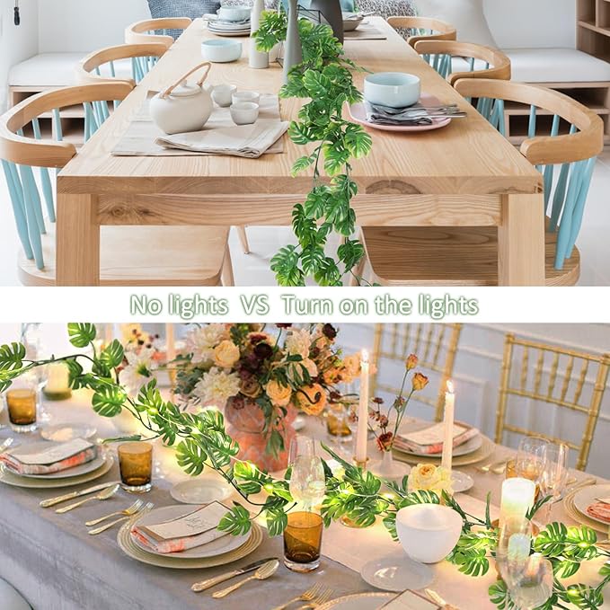 RECUTMS Artificial Monstera Leaf Vines Whit Light 2Pcs, 5.9FT Fake Hanging Ivy Plant Faux Tropical Palm Leaves Greenery Vine Garland Indoor Outdoor Garden Porch Patio Jungle Luau Birthday Party Décor