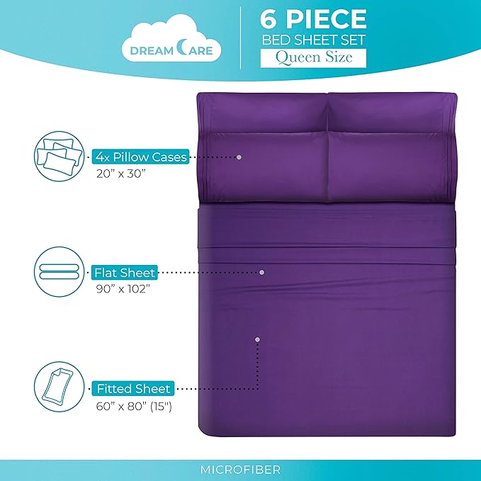 DREAMCARE Queen Sheet Set – 6 pcs Cooling Bed Sheets – up to 15” Deep Sheets Queen Size Bed Set – 2500 Supreme Collection – Extra Soft 100% Brushed Microfiber Hotel Luxury with Side Pocket – Purple