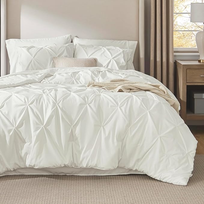 Bedsure Full Comforter Set Ivory - Bed in a Bag Full Size Bedding Set 7 Pieces, GentleSoft™ Pintuck Bed Set Gift for Family, Pinch Pleat All Season Comforter with Sheets, Pillowcases & Shams