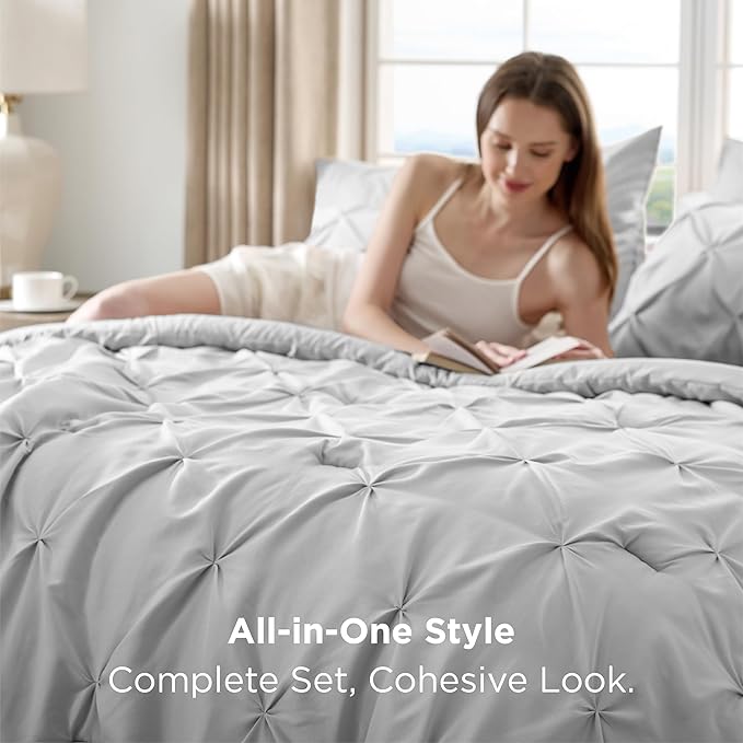 Bedsure Twin XL Comforter Set - Extra Long 5 Pieces Dorm Bedding Sets, GentleSoft™ Pinch Pleat Light Grey Bed in a Bag with Pintuck Comforter, Sheets, Pillowcase & Sham